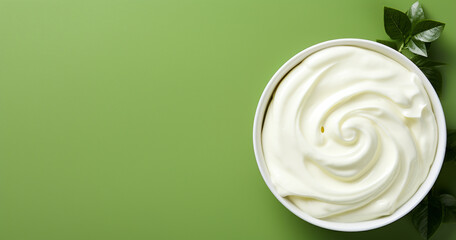 Top view of bowl with white quark or cream on side of green background with copy space сreated with Generative Ai