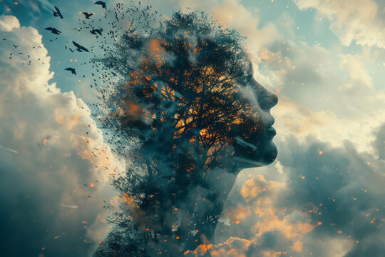 A depiction of someone whose opened head spills out a cloud-filled sky, with birds flying across the