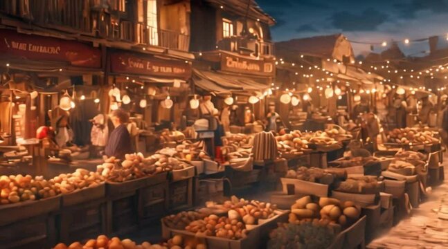 Animation of shops in a coastal town market selling stolen goods by pirates.
