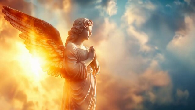 Heavenly guardian angel with wings in skies: archangel, ethereal spirit adorned with wings. Depiction of divine presence, symbolizing faith, afterlife, and blessings amidst radiant skies.