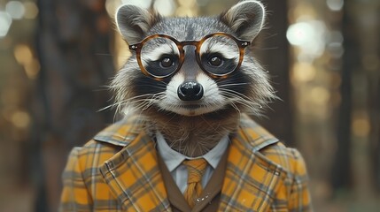 Procyonidae carnivore with whiskers and tartan suit standing in woods - obrazy, fototapety, plakaty