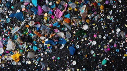 Close-up of microplastic particles background. Environmental water pollution problem of rubbish and trash in the oceans and seas - 789257701