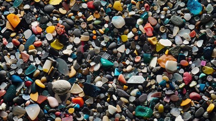 Close-up of microplastic particles background. Environmental water pollution problem of rubbish and trash in the oceans and seas - 789257722