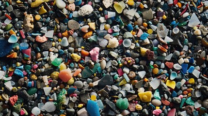 Close-up of microplastic particles background. Environmental water pollution problem of rubbish and trash in the oceans and seas - 789257765