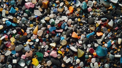 Close-up of microplastic particles background. Environmental water pollution problem of rubbish and trash in the oceans and seas - 789257788