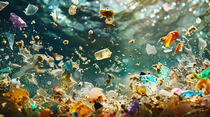 Background with microplastic particles floating in ocean or sea water. Environmental plastic pollution problem of rubbish and trash - 789257950