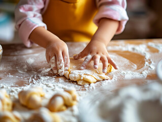 Toddler's Hands Kneading Dough on Kitchen Table