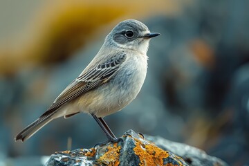 Fototapeta premium A close-up shot of a gray bird, with detailed plumage, perched on a stone covered in orange lichen with a blurred background