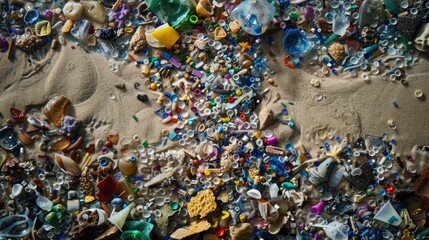 Fototapeta premium Close-up of microplastic particles background. Environmental water pollution problem of rubbish and trash in the oceans and seas
