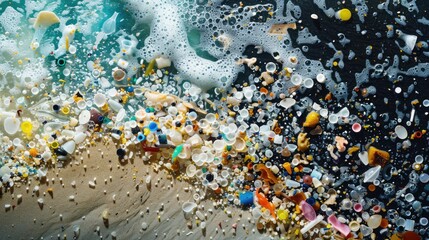 Background with microplastic particles floating in ocean or sea water. Environmental plastic pollution problem of rubbish and trash - 789258148