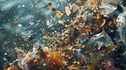 Background with microplastic particles floating in ocean or sea water. Environmental plastic pollution problem of rubbish and trash - 789258178