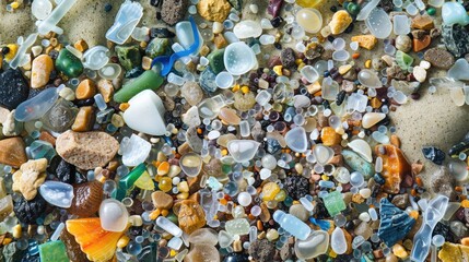 Close-up of microplastic particles background. Environmental water pollution problem of rubbish and trash in the oceans and seas - 789258188