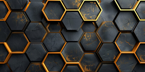 Dark background, black and gold hexagon pattern wallpaper.  abstract geometric pattern  Luxury hexagonal black metal background - obrazy, fototapety, plakaty