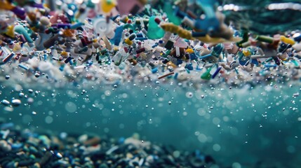 Background with microplastic particles floating in ocean or sea water. Environmental plastic pollution problem of rubbish and trash - 789258354