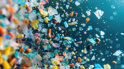 Background with microplastic particles floating in ocean or sea water. Environmental plastic pollution problem of rubbish and trash - 789258356