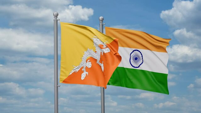 India and Bhutan two flags waving together, looped video, two country relations concept