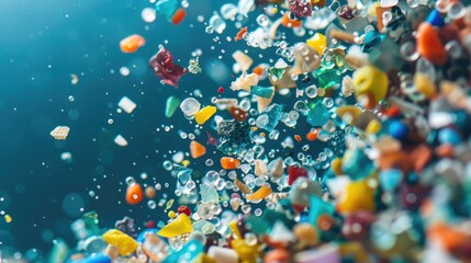 Background with microplastic particles floating in ocean or sea water. Environmental plastic pollution problem of rubbish and trash - 789258505