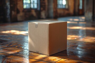 A single cardboard box illuminated by natural light in a rustic indoor setting, reflecting simplicity and potential