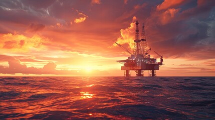 Fototapeta na wymiar Offshore Jack Up Rig in The Middle of The Sea at Sunset Time