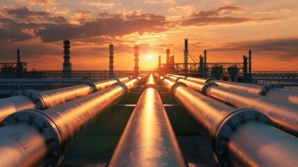 Pipeline and pipe rack of petroleum industrial plant with sunset sky background - obrazy, fototapety, plakaty