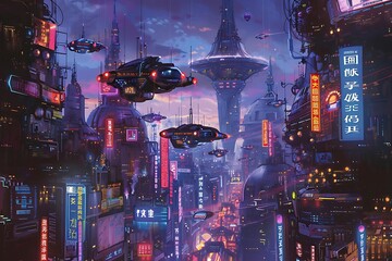 : A mural of a futuristic cityscape with neon signs and flying cars - Powered by Adobe