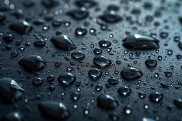 Stunning macro photography showcasing water droplets on a black surface creating a dramatic contrast