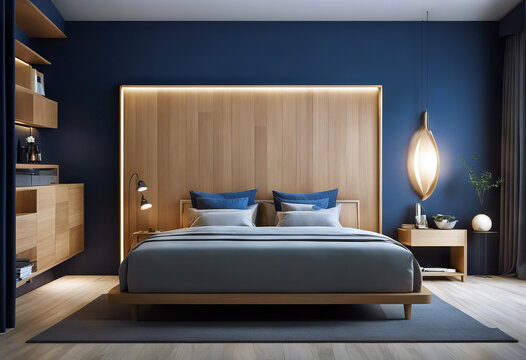 bed room rendering wall flooring parguet dark wood Modern blue interior lamp Vintage 3d three-dimensional apartment architecture background bedchamber chair clean comfort