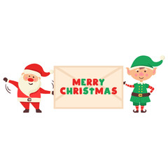 Santa Claus cartoon character with banner. Set of funny happy Santa Claus and elf characters hold a placard with "Merry Christmas" or place for other text. Merry Christmas greeting card. Vector.