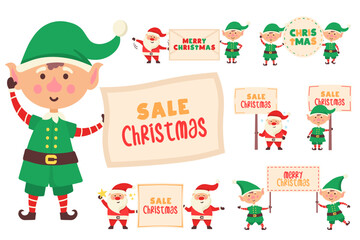 Santa Claus cartoon character with banner. Set of funny happy Santa Claus and elf characters hold a placard with 