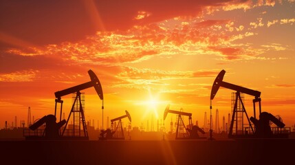 Saudi price war, oil market prices drop concept. Oil pumps, drilling derricks from oil field silhouette at sunset. Crude oil industry, petroleum production 3D background with pump jacks, drill rigs - obrazy, fototapety, plakaty