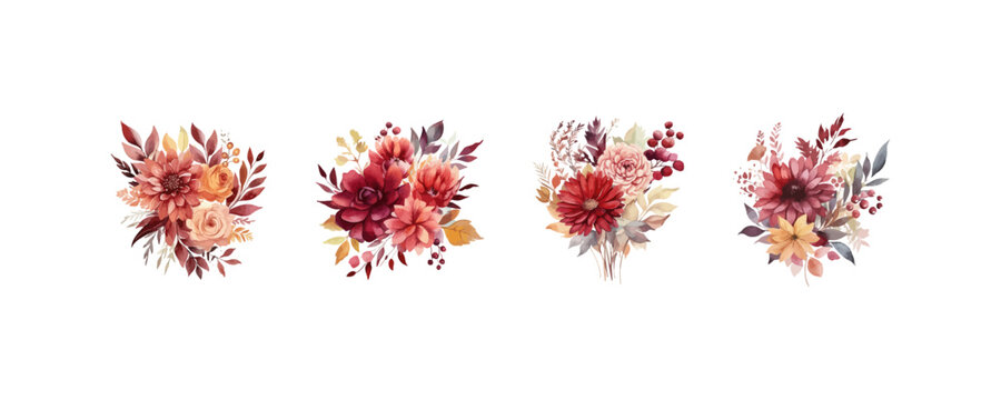 Assorted Red and Peach Watercolor Flower Arrangements. Vector illustration design.