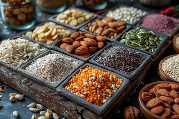 An arrangement of various seeds and nuts in rustic wooden trays, offering an organic and wholesome look