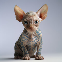 adorable sphynx cat baby with large glossy blue eyes and calligraphy tattoos сreated with Generative Ai