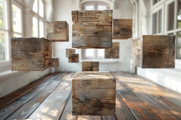 Wooden textured cubes levitating in a room with large windows and sunlight, creating an abstract...