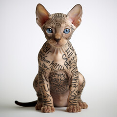 Fototapeta na wymiar adorable sphynx cat baby with large glossy blue eyes and calligraphy tattoos сreated with Generative Ai