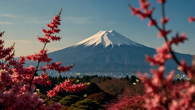 Spring scenery with beautiful cherry blossom trees and butterflies dancing by the lake, with Mt. Fuji in the background Seamless looping 4k time-lapse animation video background