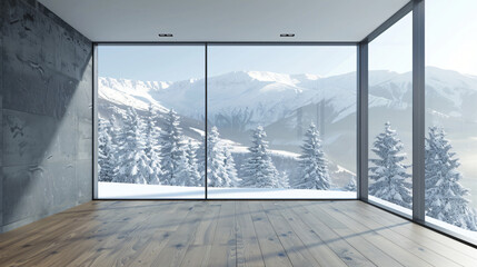 Modern style empty room with winter view. 