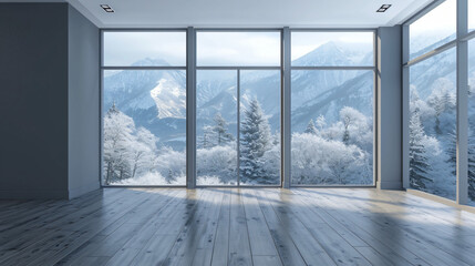 Modern style empty room with winter view. 