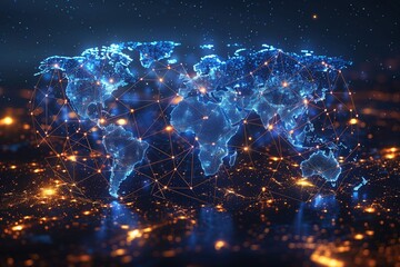 An intricate blue digital map of the world illustrating the concept of global connectivity and...