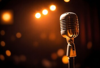 Vintage microphone with a warm backlight on a stage, bokeh lights in the background - obrazy, fototapety, plakaty