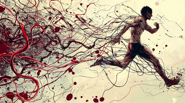 Digital composite of running man with blood splashes