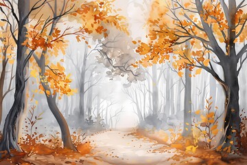 : A misty autumn forest with golden leaves and a gentle fog, inked with soft, ethereal lines