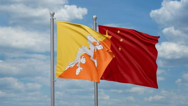 China and Bhutan two flags waving together, looped video, two country relations concept