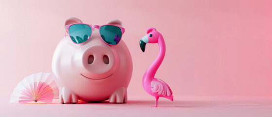 Piggy bank with sunglasses and inflatable flamingo 