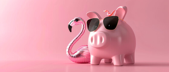 Piggy bank with sunglasses and inflatable flamingo 