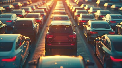 Obraz premium Car parked at outdoor parking lot. Used car for sale and rental service. Car insurance background. Automobile parking area. Car dealership and dealer agent concept. Automotive industry. Generative Ai