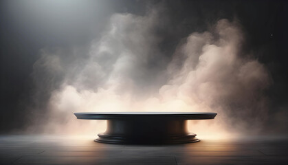 A black 3D product display podium stage, highlighted by dynamic lighting against a dark, smoky...