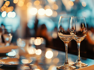Elegant Wine Glasses in Ambient Restaurant