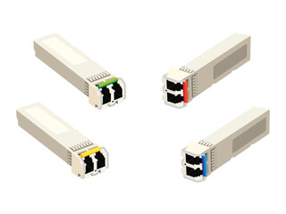Four SFP Optical Transceiver on white background. Small Form-factor Pluggable.