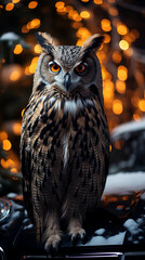 owl with striking orange eyes, perched elegantly on a branch of a lavishly decorated Christmas tree сreated with Generative Ai